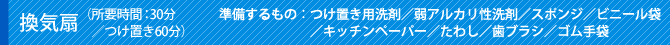 換気扇（所要時間：30分／つけ置き60分）準備するもの：つけ置き用洗剤／弱アルカリ性洗剤／スポンジ／ビニール袋／キッチンペーパー／たわし／歯ブラシ／ゴム手袋