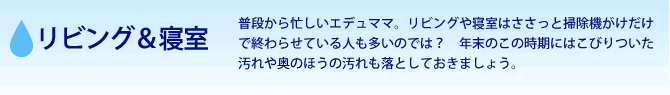 リビング＆寝室　普段から忙しいエデュママ。リビングや寝室はささっと掃除機がけだけで終わらせている人も多いのでは？　年末のこの時期にはこびりついた汚れや奥のほうの汚れも落としておきましょう。