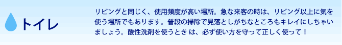 トイレ　リビングと同じく、使用頻度が高い場所。急な来客の時は、リビング以上に気を使う場所でもあります。普段の掃除で見落としがちなところもキレイにしちゃいましょう。酸性洗剤を使うとき は、必ず使い方を守って正しく使って！