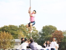 棒の上まで登って旗をたてます